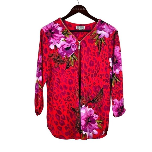 JM Collection Tops - New JM Collection Women Sz PXL Red Pink Zip Neck Blouse Roll Tab Sleeve Tunic U4